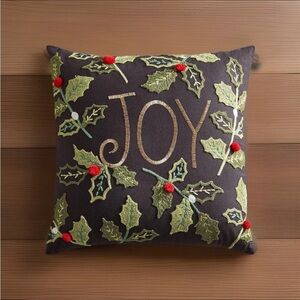 PIER 1 Throw Pillow 15" Black JOY Holly Leaves Embroidered Embellished Christmas